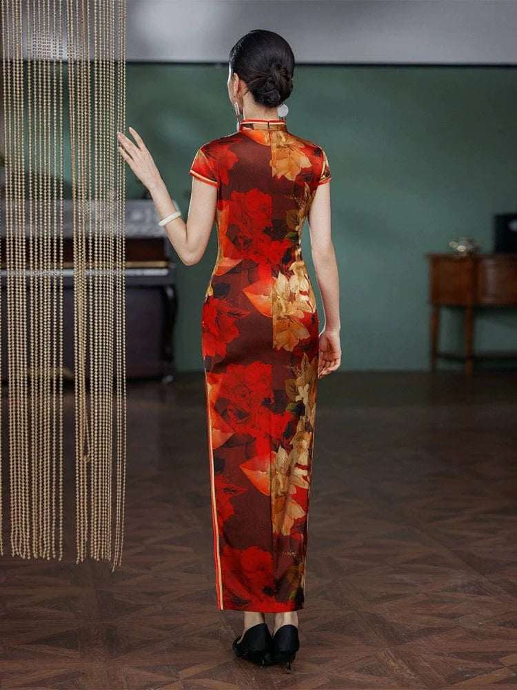 Beth and Brian Qipao-JD Floral pattern, 19 mome mulberry silk, high-end red long Cheongsam