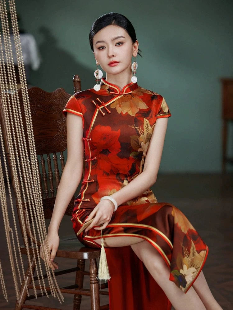 Beth and Brian Qipao-JD Floral pattern, 19 mome mulberry silk, high-end red long Cheongsam