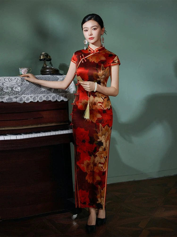 Beth and Brian Qipao-JD Floral pattern, 19 mome mulberry silk, high-end red long Cheongsam