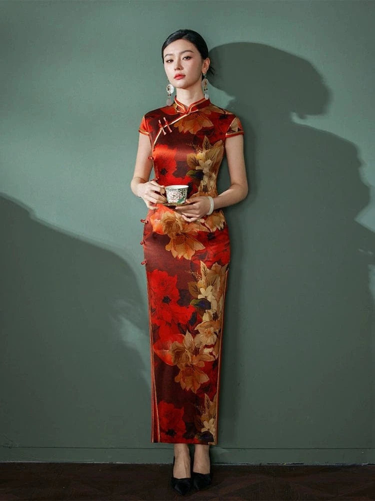 Beth and Brian Qipao-JD Floral pattern, 19 mome mulberry silk, high-end red long Cheongsam
