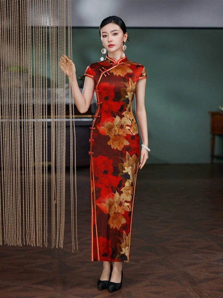 Beth and Brian Qipao-JD Floral pattern, 19 mome mulberry silk, high-end red long Cheongsam