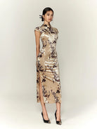 Beth and Brian Qipao-TQX Velvet floral long Cheongsam with raglan sleeves