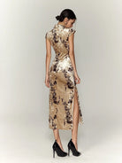 Beth and Brian Qipao-TQX Velvet floral long Cheongsam with raglan sleeves