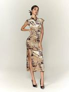 Beth and Brian Qipao-TQX Velvet floral long Cheongsam with raglan sleeves