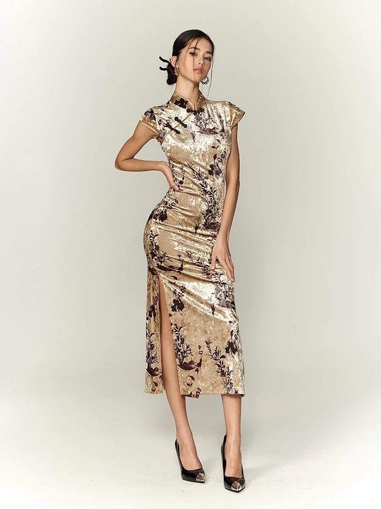 Beth and Brian Qipao-TQX Velvet floral long Cheongsam with raglan sleeves