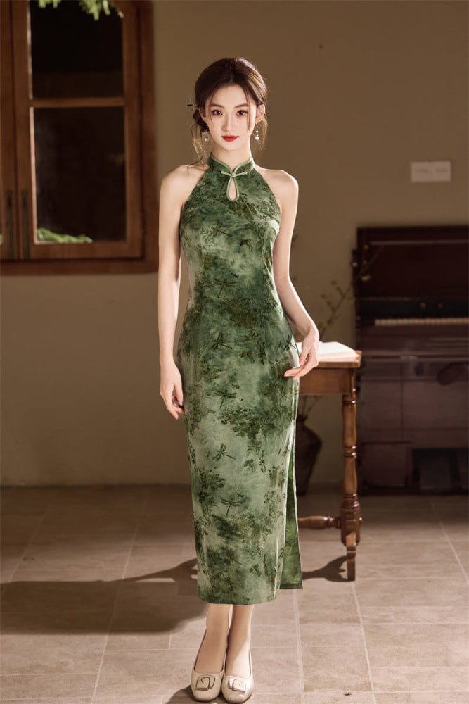 Beth and Brian Qipao-SYK Flocking fabric, floral midi Cheongsam