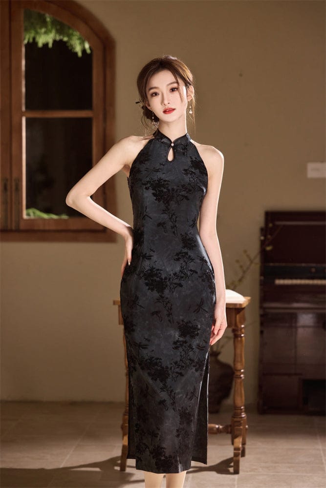 Beth and Brian Qipao-SYK Flocking fabric, floral midi Cheongsam
