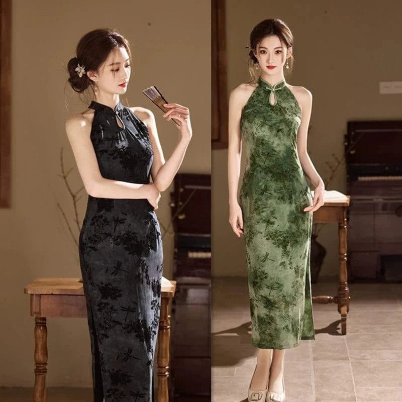 Beth and Brian Qipao-SYK Flocking fabric, floral midi Cheongsam