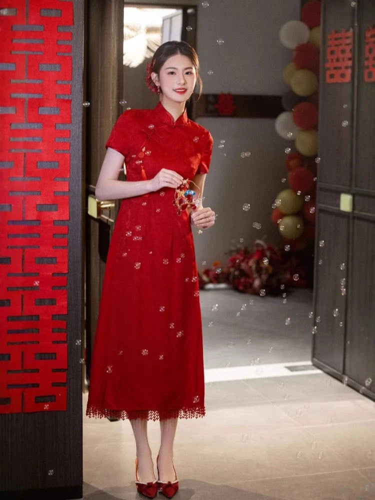 Beth and Brian Qipao-CZX Floral pattern, beige&red midi Ao dai