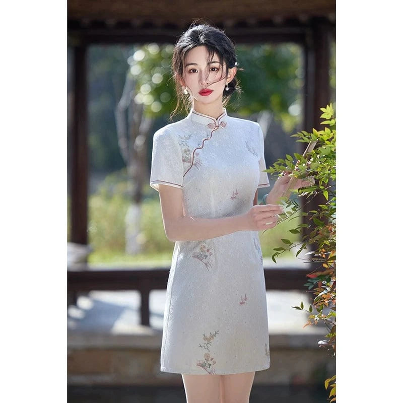 Beth and Brian Qipao-HY Floral pattern, lace white short Cheongsam