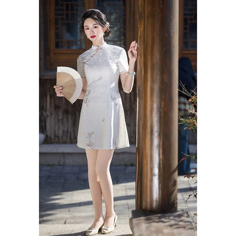 Beth and Brian Qipao-HY Floral pattern, lace white short Cheongsam