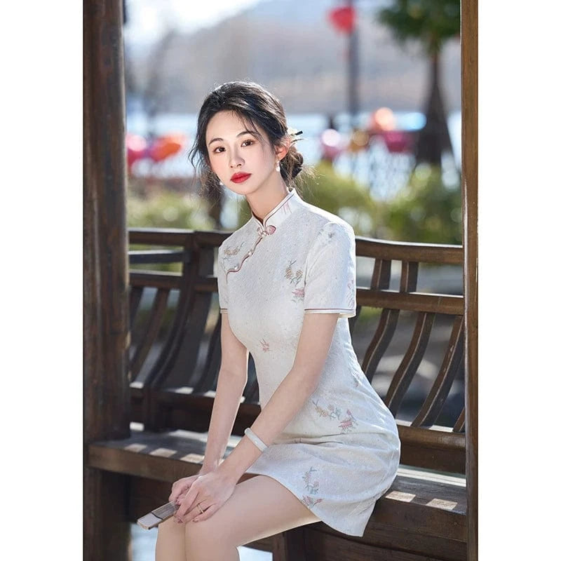 Beth and Brian Qipao-HY Floral pattern, lace white short Cheongsam