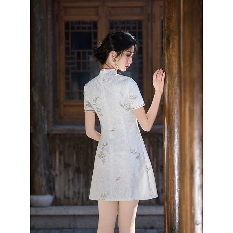 Beth and Brian Qipao-HY Floral pattern, lace white short Cheongsam