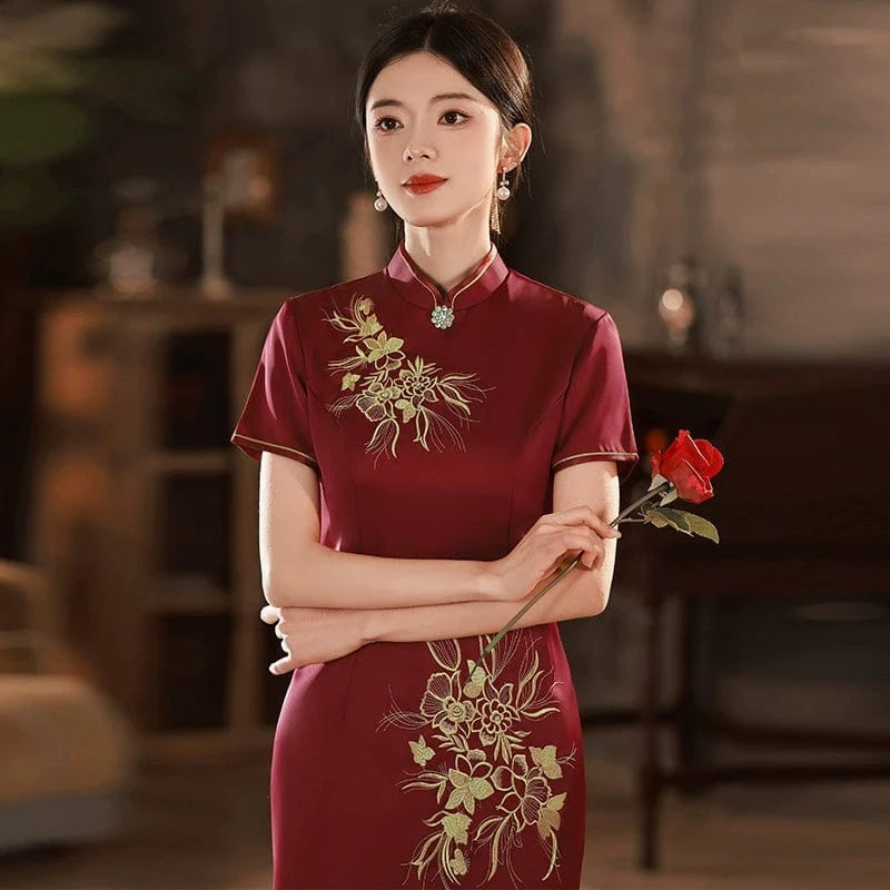 Beth and Brian Qipao-QMYS Plus size, wine red midi Cheongsam for mothers