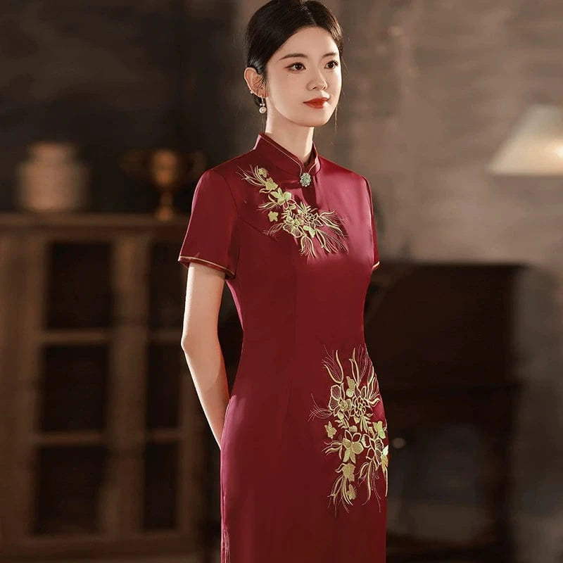 Beth and Brian Qipao-QMYS Plus size, wine red midi Cheongsam for mothers