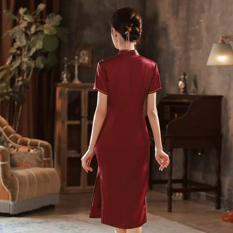Beth and Brian Qipao-QMYS Plus size, wine red midi Cheongsam for mothers