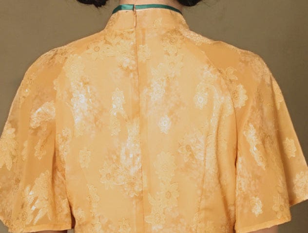 Beth and Brian Qipao-QMYS Summer collection, floral pattern, champagne midi Cheongsam