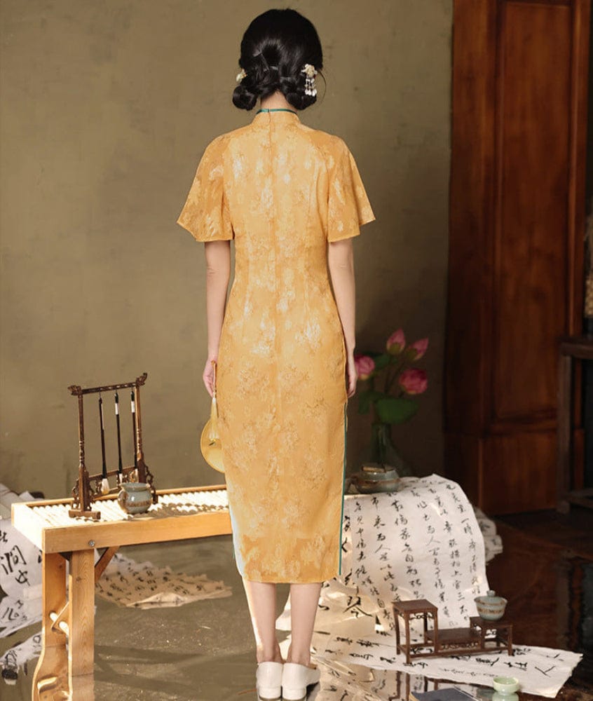 Beth and Brian Qipao-QMYS Summer collection, floral pattern, champagne midi Cheongsam