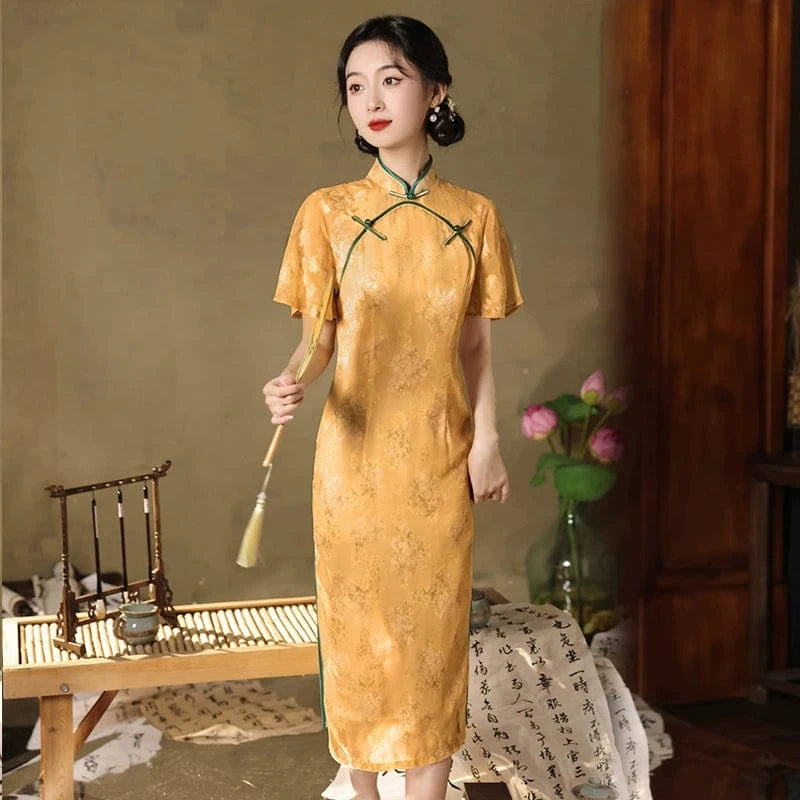 Beth and Brian Qipao-QMYS Summer collection, floral pattern, champagne midi Cheongsam