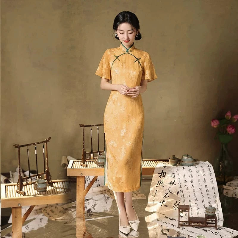 Beth and Brian Qipao-QMYS Summer collection, floral pattern, champagne midi Cheongsam