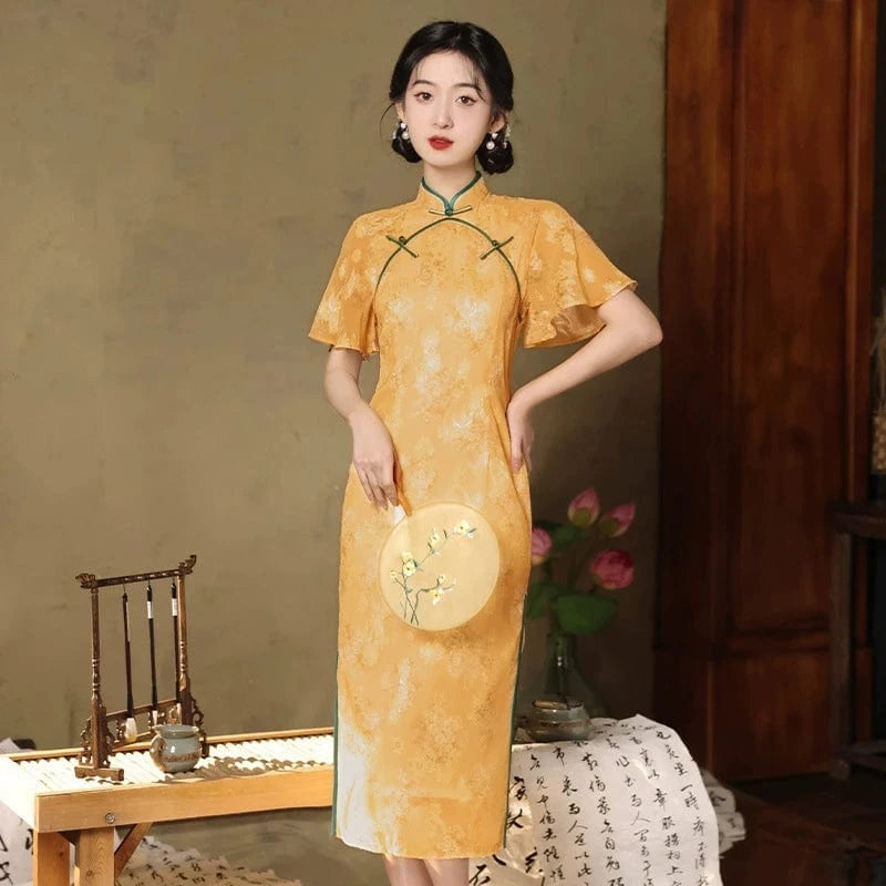 Beth and Brian Qipao-QMYS Summer collection, floral pattern, champagne midi Cheongsam