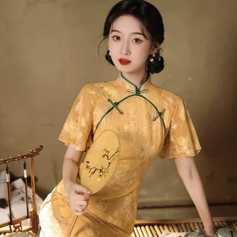 Beth and Brian Qipao-QMYS Summer collection, floral pattern, champagne midi Cheongsam