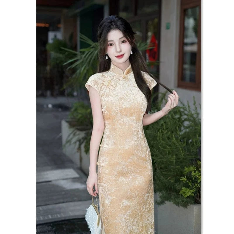Beth and Brian Qipao-SYK Floral pattern, velvet fabric, yellow long Cheongsam