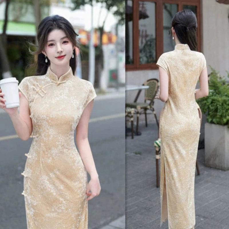 Beth and Brian Qipao-SYK Floral pattern, velvet fabric, yellow long Cheongsam