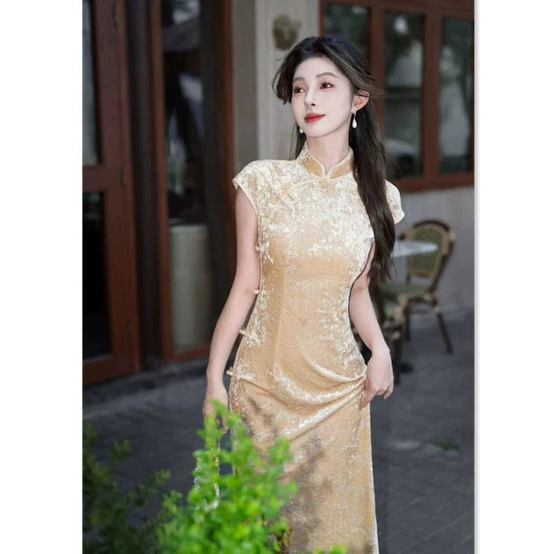 Beth and Brian Qipao-SYK Floral pattern, velvet fabric, yellow long Cheongsam