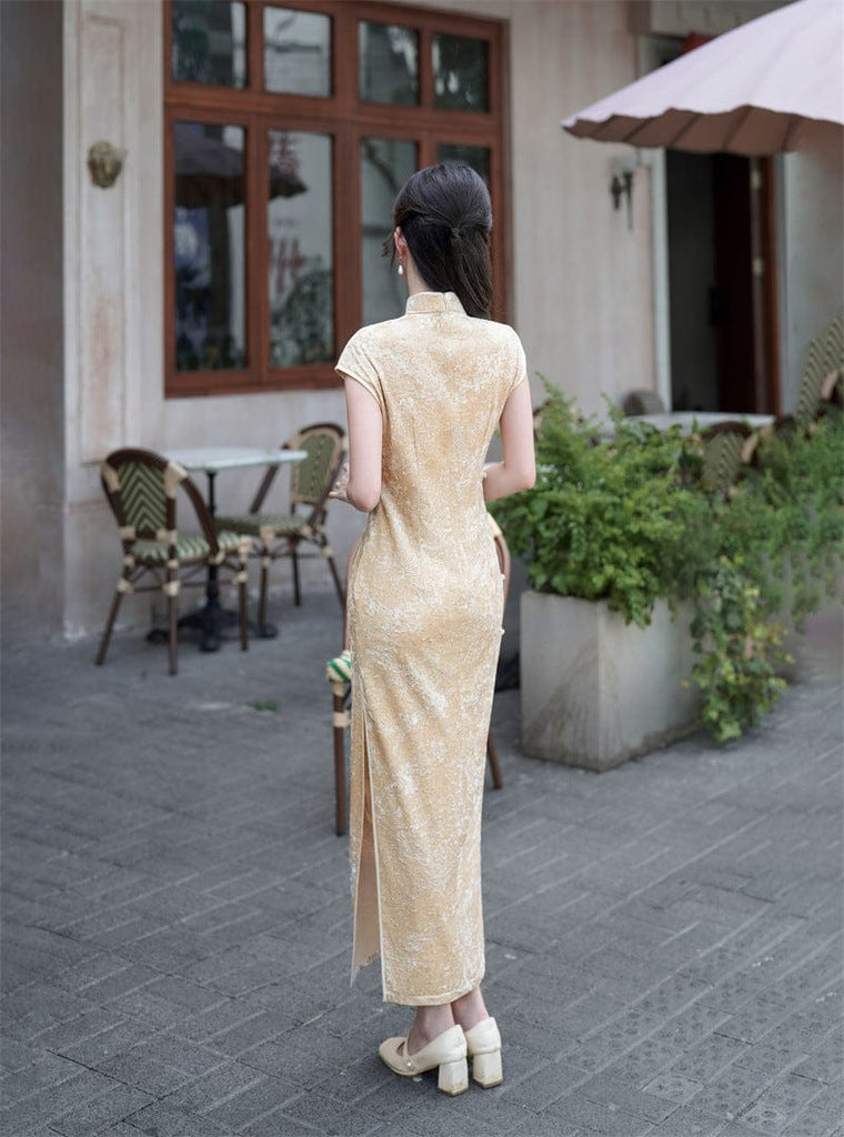 Beth and Brian Qipao-SYK Floral pattern, velvet fabric, yellow long Cheongsam
