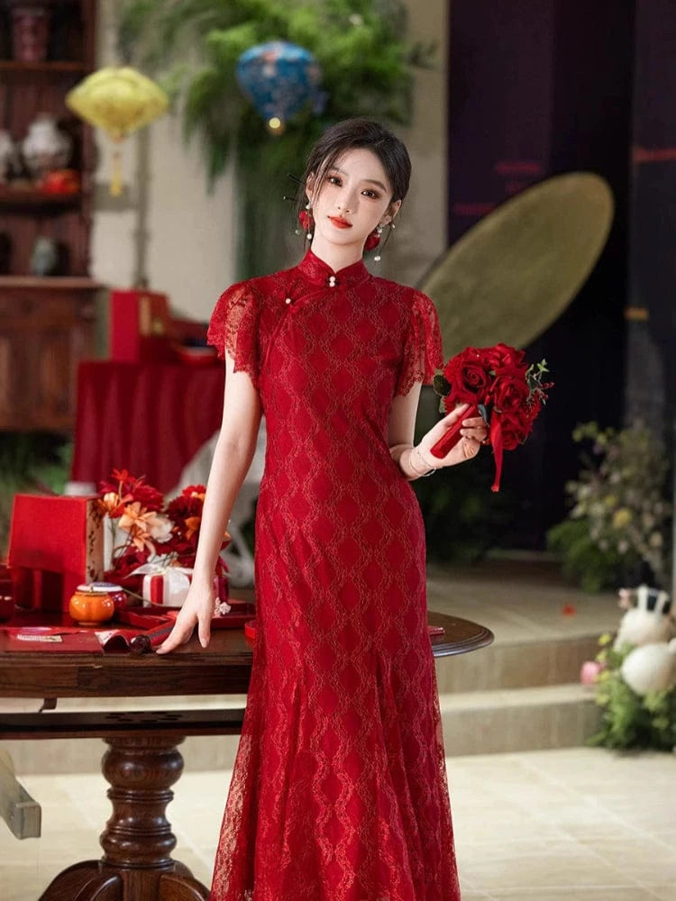 Beth and Brian Qipao-MYJ Lace fabric, wine red wedding long Cheongsam