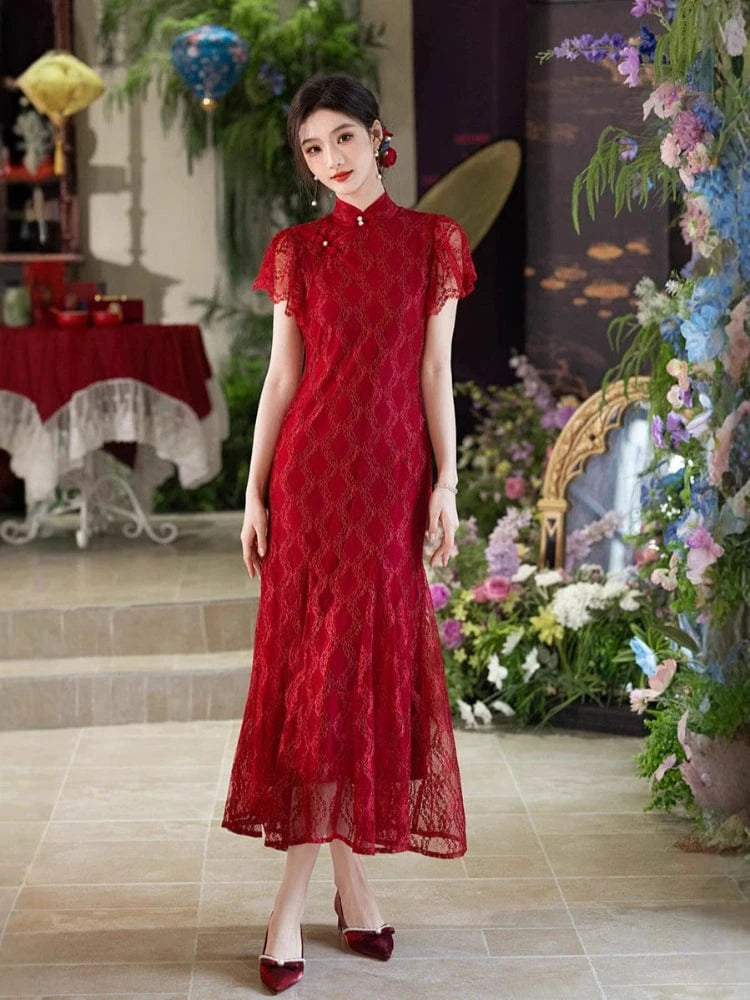 Beth and Brian Qipao-MYJ Lace fabric, wine red wedding long Cheongsam