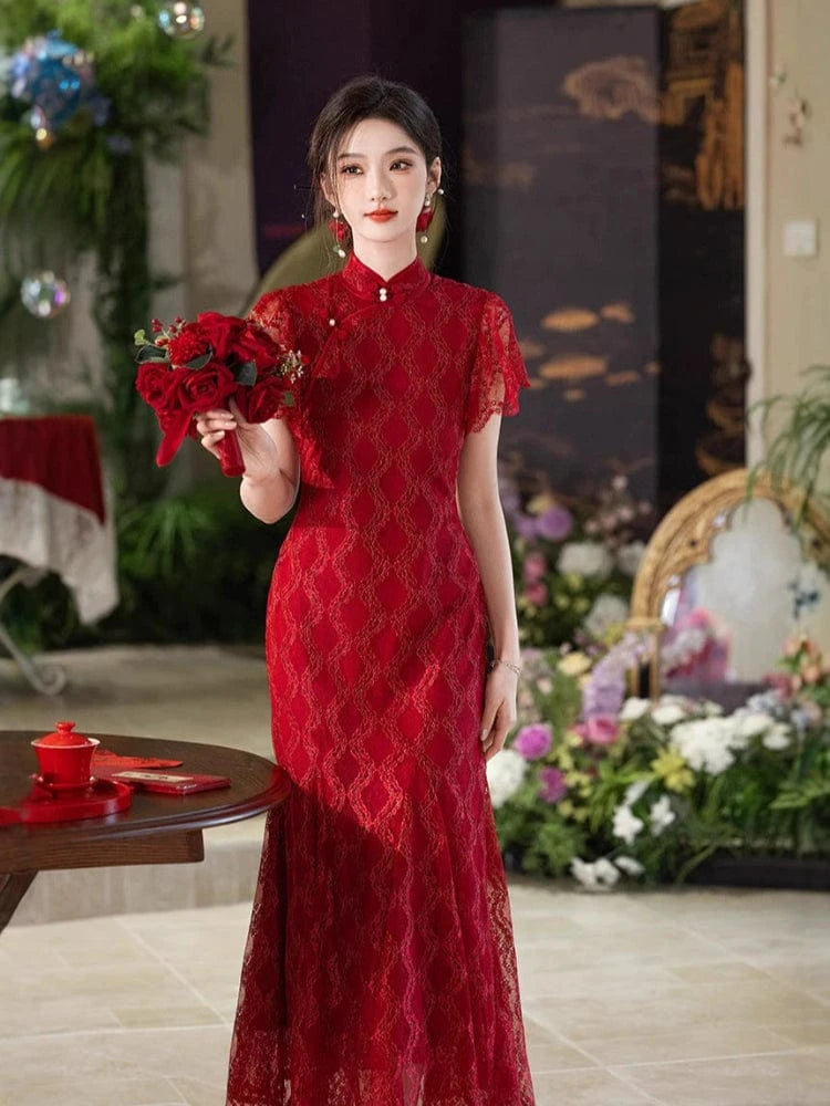 Beth and Brian Qipao-MYJ Lace fabric, wine red wedding long Cheongsam