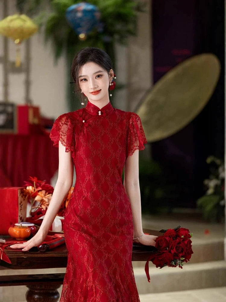 Beth and Brian Qipao-MYJ Lace fabric, wine red wedding long Cheongsam