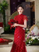 Beth and Brian Qipao-MYJ Lace fabric, wine red wedding long Cheongsam