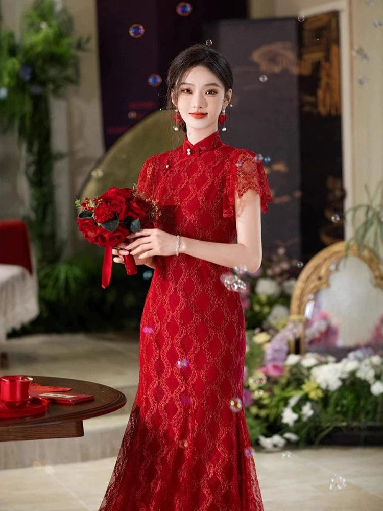 Beth and Brian Qipao-MYJ Lace fabric, wine red wedding long Cheongsam