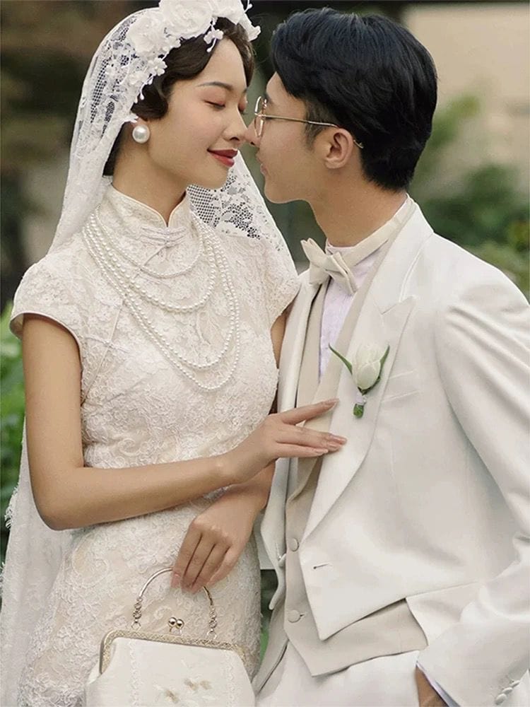 Beth and Brian Qipao - QX Floral pattern, Chinese tradional lace wedding long Cheongsam