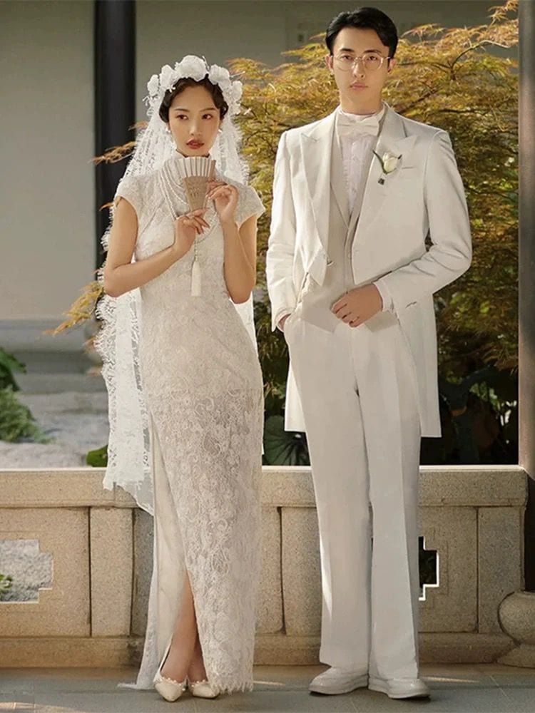 Beth and Brian Qipao - QX Floral pattern, Chinese tradional lace wedding long Cheongsam