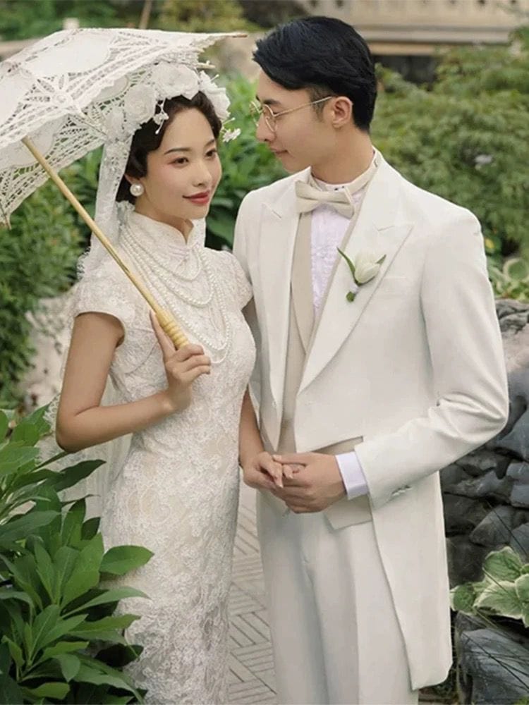 Beth and Brian Qipao - QX Floral pattern, Chinese tradional lace wedding long Cheongsam