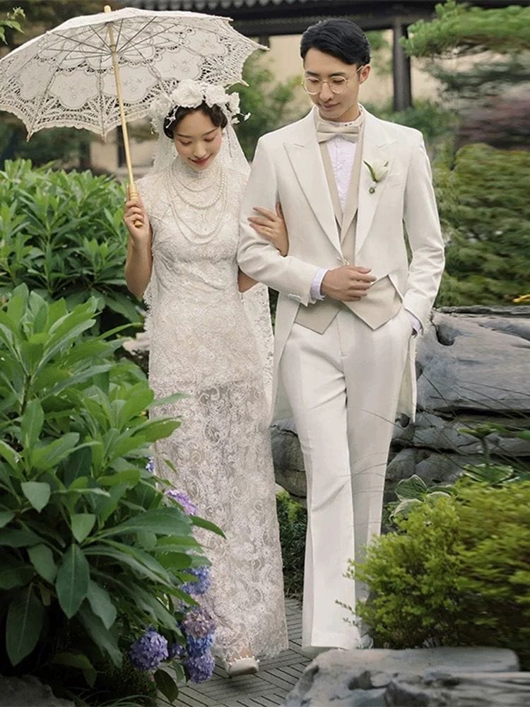Beth and Brian Qipao - QX Floral pattern, Chinese tradional lace wedding long Cheongsam