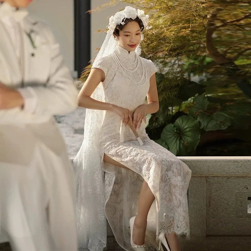 Beth and Brian Qipao - QX Floral pattern, Chinese tradional lace wedding long Cheongsam