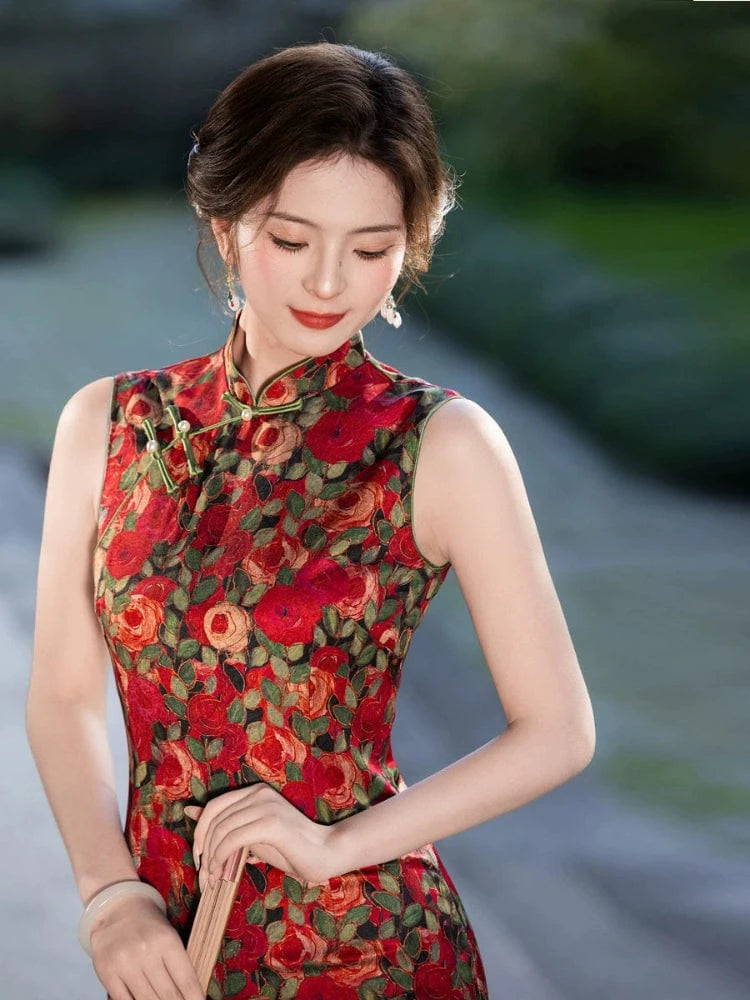 Beth and Brian Qipao-MYJ Sleeveless, New Chinese style(新中式), red long Cheongsam