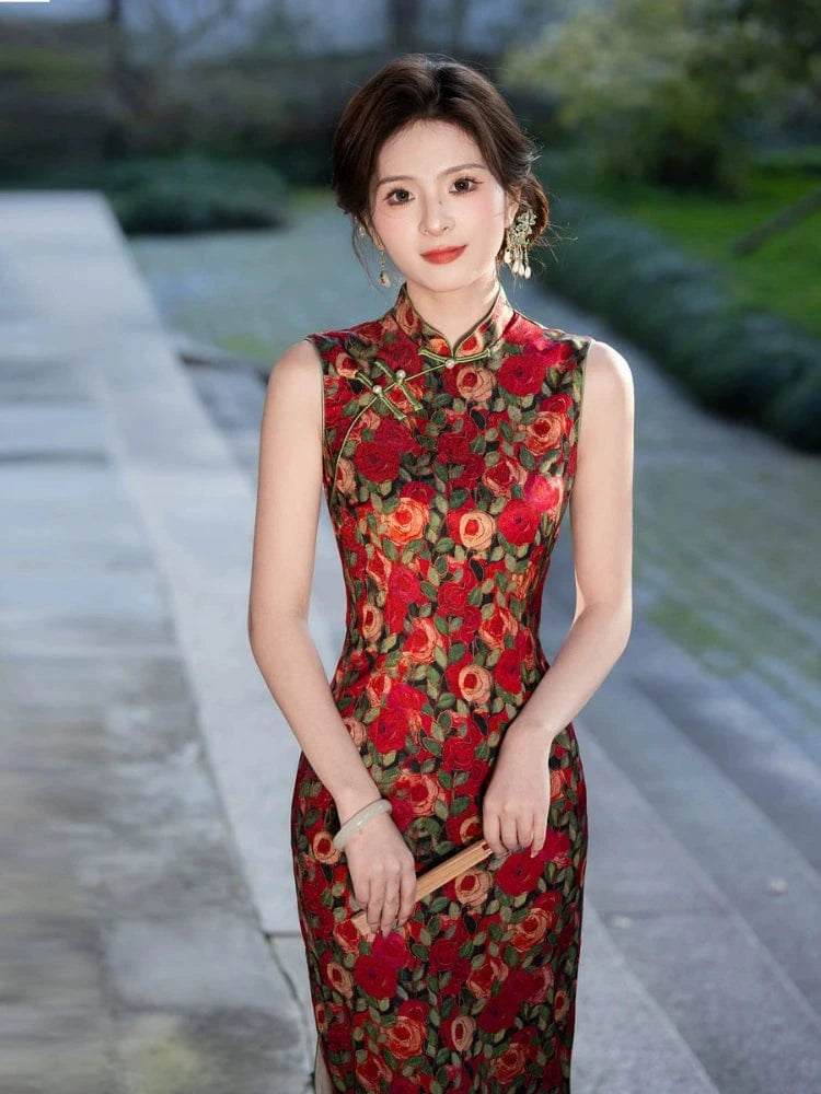 Beth and Brian Qipao-MYJ Sleeveless, New Chinese style(新中式), red long Cheongsam