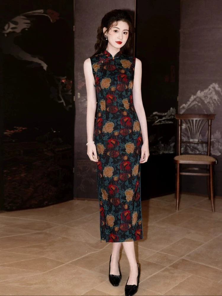 Beth and Brian Qipao-MYJ Sleeveless, Old Shanghai style, floral pattern midi Cheongsam