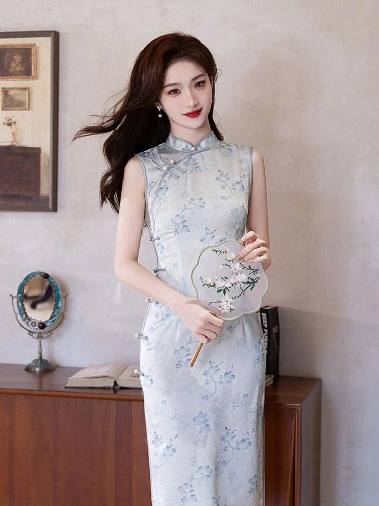 Beth and Brian Qipao-MYJ Sleeveless, floral pattern midi Cheongsam
