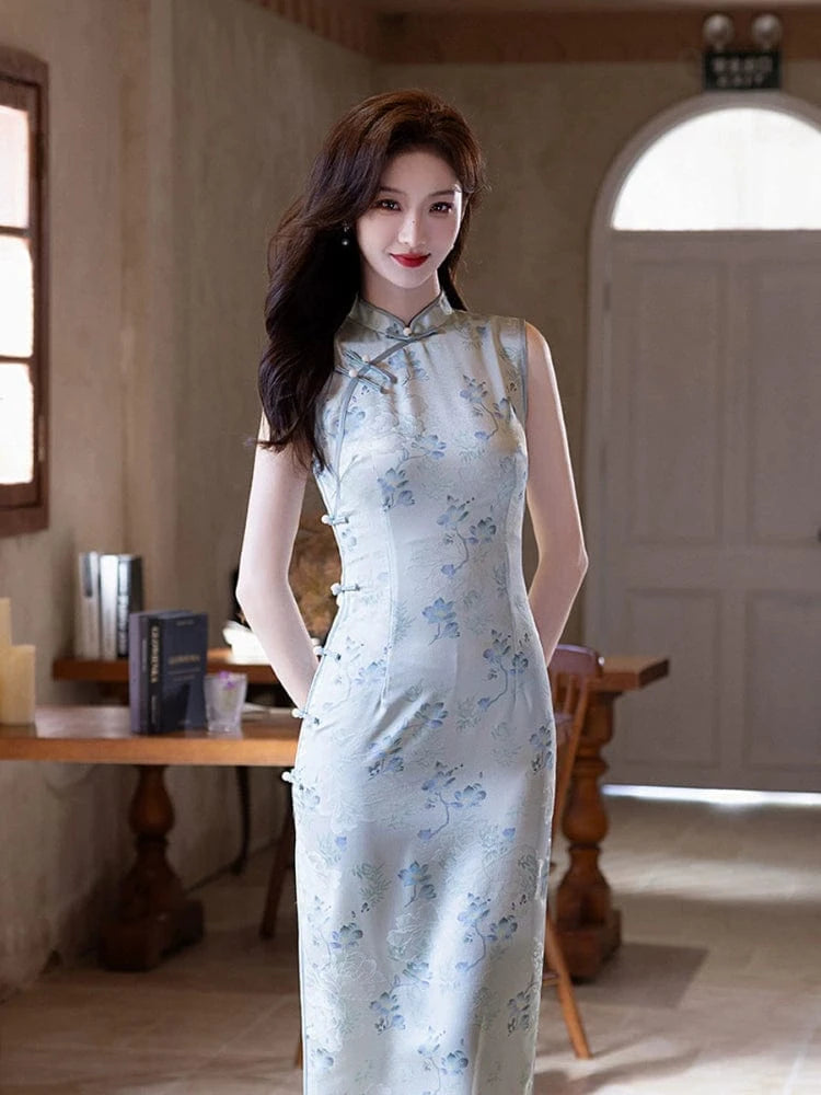 Beth and Brian Qipao-MYJ Sleeveless, floral pattern midi Cheongsam