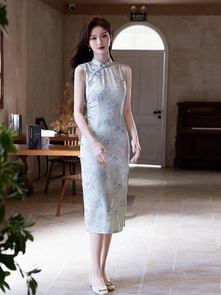 Beth and Brian Qipao-MYJ Sleeveless, floral pattern midi Cheongsam