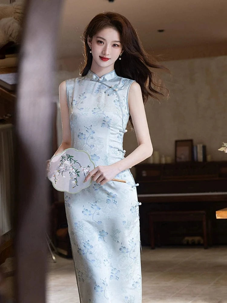 Beth and Brian Qipao-MYJ Sleeveless, floral pattern midi Cheongsam