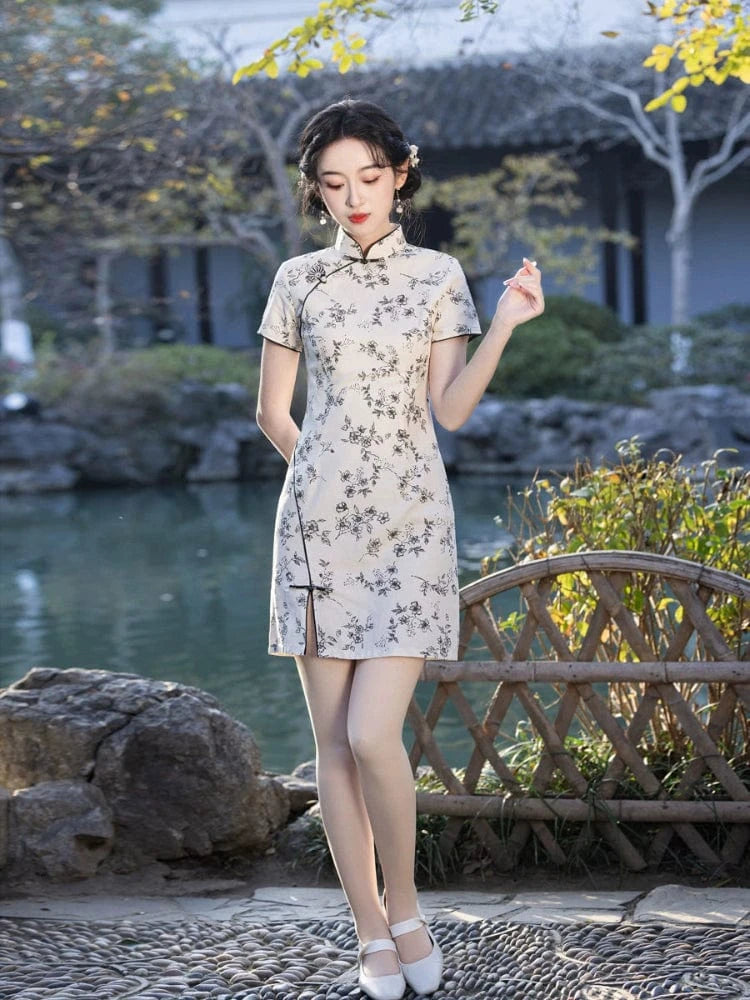 Beth and Brian Qipao-MYJ Floral print, black&white short Cheongsam