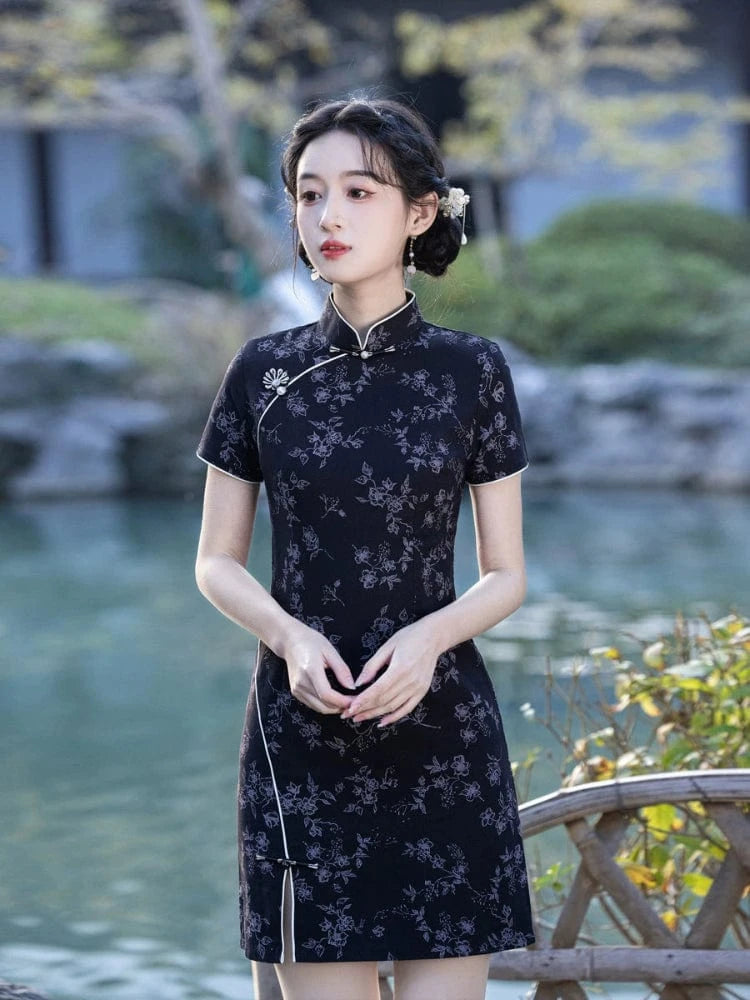 Beth and Brian Qipao-MYJ Floral print, black&white short Cheongsam